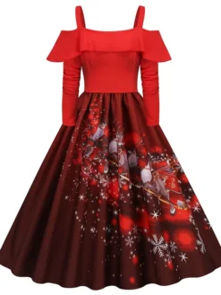 Women's Christmas Vintage DressKnee Length Dress Wine Light Red Red White Black Long Sleeve Santa Claus Elk Snowman Cold Shoulder Print Fall Winter Spaghetti Strap Vacation Vintage 2022 -HANs Plus Size Style Shop tpfdwg1665293366027