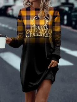 Women's Sweatshirt Dress Casual Dress Mini Dress Warm Fashion Outdoor Christmas Vacation Crew Neck Print Deer Regular Fit Yellow Red Blue S M L XL XXL -HANs Plus Size Style Shop tpvhuf1697541062691