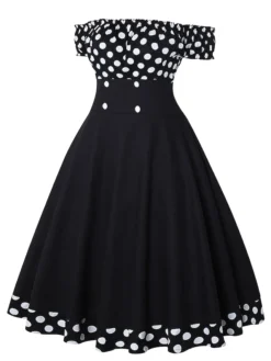 Women‘s Christmas Swing Dress Vintage Dress Midi Dress Black Red Short Sleeve Polka Dot Ruched Fall Spring Summer Off Shoulder Vintage Style Vacation Weekend 2022 S M L XL XXL -HANs Plus Size Style Shop tpvmxz1630033597952