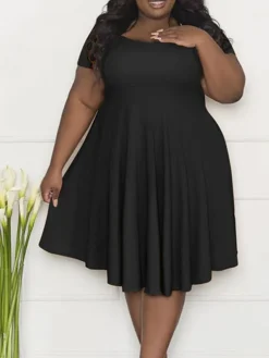 Women‘s Plus Size Curve Casual Dress A Line Dress Solid Color Midi Dress Short Sleeve Ruched Square Neck Fashion Outdoor Black Pink Summer Spring XL XXL 3XL 4XL 5XL
