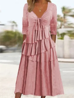 Women's Casual Dress Summer Dress Loose Dress Plain Ruched Twist V Neck Midi Dress Fashion Basic Outdoor Daily Long Sleeve Loose Fit Light Green Pink Wine Summer Spring S M L XL XXL -HANs Plus Size Style Shop tqxijc1675856949297