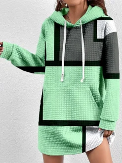 Women's Casual Dress Hoodie Dress Winter Dress Geometric Plaid Pocket Print Hooded Mini Dress Fashion Streetwear Outdoor Daily Long Sleeve Loose Fit Pink Blue Green Fall Winter S M L XL XXL -HANs Plus Size Style Shop traexb1694429245140