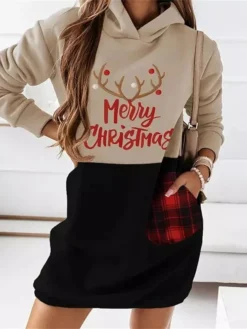 Women's Christmas Hoodie Dress Winter Dress Mini Dress Green Black Wine Khaki Red White Long Sleeve Print Print Winter Fall Hooded Fashion Casual Modern Fall Dress Loose Fit 2022 S M L XL 2XL -HANs Plus Size Style Shop trfatb1666692071977