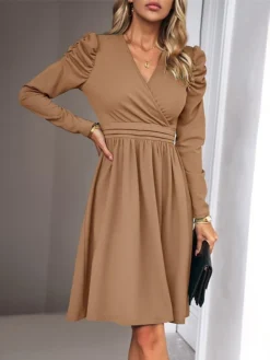 Women's Casual Dress Plain Dress Empire Waist Dresses Midi Dress Ruched Outdoor Daily Holiday Fashion Modern V Neck Long Sleeve 2023 Regular Fit Black Green Khaki Color S M L XL Size -HANs Plus Size Style Shop trgvlj1692081749869