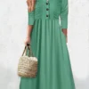 Women's Casual Dress Plain Dress Empire Waist Dresses Midi Dress Ruched Button Outdoor Daily Vacation Fashion Classic V Neck Long Sleeve 2023 Loose Fit Pink Green Color S M L XL XXL Size