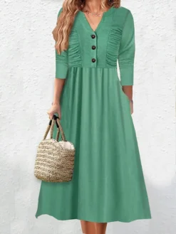 Women's Casual Dress Plain Dress Empire Waist Dresses Midi Dress Ruched Button Outdoor Daily Vacation Fashion Classic V Neck Long Sleeve 2023 Loose Fit Pink Green Color S M L XL XXL Size