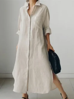 Women's Shirt Dress Casual Dress Linen Dress Maxi Long Dress Winter Dress Daily Holiday Polyester Casual Mature Shirt Collar Zipper Button Long Sleeve Summer Spring Fall 2023 Loose Fit Black Navy