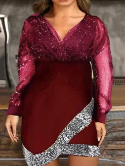 Women‘s Plus Size Curve Party Dress Solid Color V Neck Mesh Long Sleeve Spring Fall Casual Sequins Prom Dress Mini Dress Party Evening Party Dress Black Dress Sequin Dress -HANs Plus Size Style Shop tshgbt1646386487508