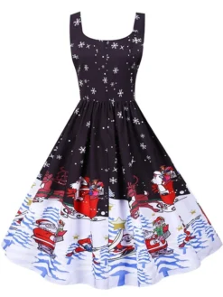 Women's Christmas Knee Length Dress Purple Black Red Navy Blue Light Blue Sleeveless Print Bow Print Fall Winter V Neck Casual Vintage2021 S M L XL XXL -HANs Plus Size Style Shop tsjgtn1630043269619