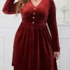 Women's Plus Size Party Dress Velvet Dress Cocktail Dress Midi Dress Wine Long Sleeve Pure Color Ruched Spring Fall Winter V Neck Fashion Winter Dress Wedding Guest Birthday 2023 XL XXL 3XL 4XL