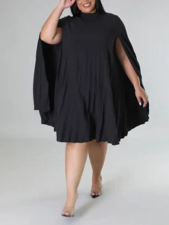 Women‘s Plus Size Curve Casual Dress Shift Dress Solid Color Midi Dress Long Sleeve Pleated Stand Collar Basic Daily Black White Fall Spring XL XXL 3XL 4XL 5XL -HANs Plus Size Style Shop ttdmsp1672817489100