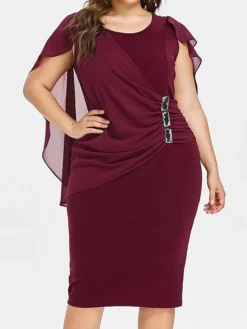 Women‘s Plus Size Curve Party Dress Solid Color Crew Neck Short Sleeve Fall Spring Elegant Prom Dress Midi Dress Formal Party Dress