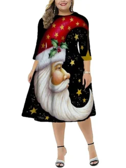 Women‘s Plus Size Christmas Dress Work Dress Santa Claus 3/4 Length Sleeve Winter Fall Midi Dress Christmas Dress Work Dress -HANs Plus Size Style Shop ttogyg1667812166712
