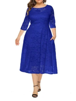 Women's Plus Size Curve Party Dress Lace Dress Semi Formal Dress Solid Color Midi Dress 3/4 Length Sleeve Lace Patchwork Crew Neck Fashion Wedding Light Yellow Black Spring Fall XL XXL 3XL 4XL 5XL -HANs Plus Size Style Shop tudsjg1693533324862