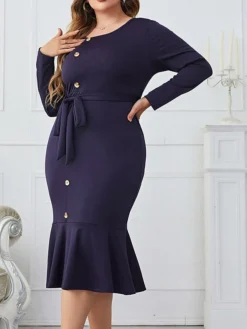 Women‘s Plus Size Curve Work Dress Sheath Dress Semi Formal Dress Fashion Midi Dress Lace Up Ruffle Crew Neck Long Sleeve Plain Regular Fit Navy Blue Spring Fall XL XXL 3XL 4XL -HANs Plus Size Style Shop tufcph1692089357691