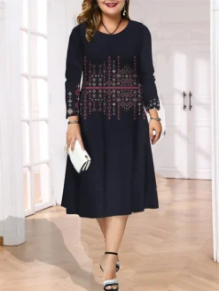 Women's Plus Size Curve Casual Dress Ethnic Dress Skater Dress Floral Geometric Midi Dress Long Sleeve Print Crew Neck Mature Outdoor Black Wine Fall Winter L XL XXL 3XL 4XL -HANs Plus Size Style Shop tvanwc1696837326499