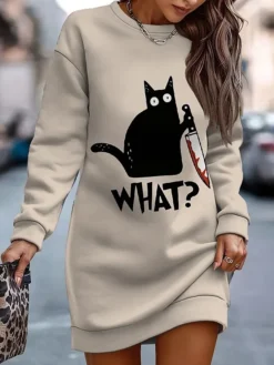 Women's Casual Dress Sweatshirt Dress Mini Dress Warm Fashion Outdoor Vacation Going Out Crew Neck Print Animal Loose Fit Black White Khaki S M L XL XXL -HANs Plus Size Style Shop tvuxqm1696524442447