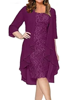 Women‘s Plus Size Curve Dress Set Solid Color Strap 3/4 Length Sleeve Spring Fall Elegant Formal Midi Dress Formal Office Dress -HANs Plus Size Style Shop twmqau1669887517962