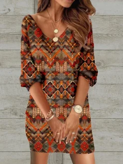 Women's Casual Dress Ethnic Dress Shift Dress Mini Dress Black Wine Red 3/4 Length Sleeve Floral Print Spring Fall Winter V Neck Fashion Loose Fit 2023 S M L XL XXL 3XL 4XL 5XL -HANs Plus Size Style Shop twoumy1671420170052