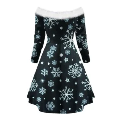 Women's Christmas Swing Dress Vintage Dress Mini Dress Green Light Green Wine Red Navy Blue White Long Sleeve Snowman Tree Snowflake Backless Feather Print Winter Fall Off Shoulder Vacation Stylish -HANs Plus Size Style Shop txdawk1666597245537