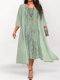 Women's Plus Size Curve Two Piece Dress Set Casual Dress Swing Dress Outdoor Daily Fashion Elegant Print Midi Dress Crew Neck 3/4 Length Sleeve Ombre Marble Print Pink Blue Green Fall Winter S M