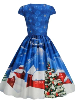Women's Christmas Swing Dress Vintage DressKnee Length Dress Blue Wine Red Light BlueShort Sleeve Santa Claus Snowman Tree Print Fall Winter Square Neck Vintage Elegant Slim 2022 S M L XL -HANs Plus Size Style Shop txqsgz1665475230234