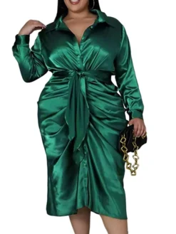Women‘s Plus Size Curve Flattering Dresses Elegant Apple Shaped Dress Wedding Guest Work Dress Pure Color Shirt Collar Long Sleeve Fall Winter Work Midi Dress Going Out Work Dress Shirt Dress -HANs Plus Size Style Shop txzhvp1663665116478
