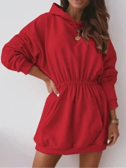 Women's Casual Dress Hoodie Dress Plain Dress Mini Dress Button Pocket Street Daily Holiday Fashion Streetwear Hooded Long Sleeve 2023 Regular Fit Black White Pink Color S M L XL XXL Size -HANs Plus Size Style Shop txzxrh1693221647838