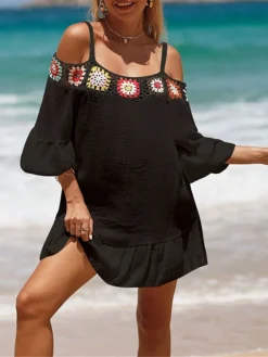 Women's Cover Up Beach Dress Beach Wear Mini Dress Ruffle Backless Ethnic Casual Floral Spaghetti Strap 3/4 Length Sleeve Loose Fit Outdoor Daily Black White 2023 Spring Summer One Size -HANs Plus Size Style Shop typbzl1672903079083