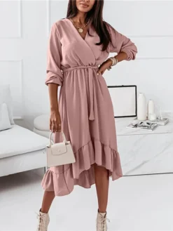 Women‘s Curve Sheath Dress Knee Length Dress Green Black Pink Light Blue Long Sleeve Solid Color Lace Up Ruffle Plus High Low Fall Spring V Neck Elegant Vintage Party Loose 2023 S M L XL XXL 3XL -HANs Plus Size Style Shop tyqrfl1635330868624