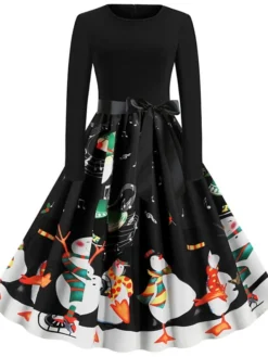 Women's Christmas Knee Length Dress Blue Purple Wine Gray Green Black Red Light Blue Long Sleeve Print Bow Print Fall Winter Round Neck Casual Vintage2021 S M L XL XXL -HANs Plus Size Style Shop tyrtmb1629971948751