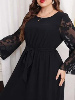 Women's Plus Size Curve Prom Dress Party Dress Wedding Guest Dress Long Dress Maxi Dress Black Long Sleeve Pure Color Lace Up Fall Winter Autumn Crew Neck Fashion Evening Party Wedding Guest -HANs Plus Size Style Shop tysjdz1693210775933