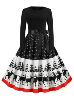 Women's Christmas Retro 1950s Vintage Dress Midi Dress Party Ruched Bow Elk Crew Neck Long Sleeve Regular Fit Fall Winter 2023 Black S M L XL