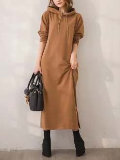 Women's Casual Dress Hoodie Dress Long Dress Maxi Dress Fashion Daily Outdoor Home Vacation Crew Neck Pocket Pure Color Pure Color Loose Fit Black Brown Army Green M L XL XXL