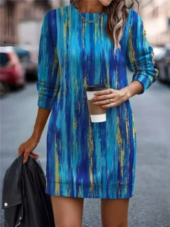 Women's Casual Dress Sweatshirt Dress Mini Dress Warm Fashion Outdoor Vacation Going Out Crew Neck Print Striped Regular Fit Blue S M L XL XXL