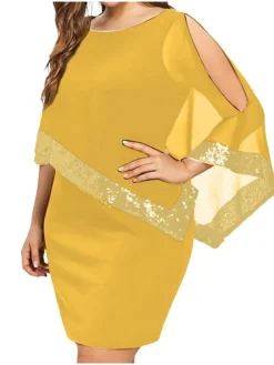 Women‘s Plus Size Curve Sequin Dress Work Dress Sheath Dress Solid Color Mini Dress Long Sleeve Crew Neck Fashion Evening Party Black Yellow Summer Spring L XL XXL 3XL 4XL -HANs Plus Size Style Shop tzozgj1690366140353