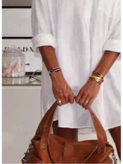 Women's Shirt Dress Mini Dress Daily Vacation Polyester Casual Shirt Collar Ruched Long Sleeve Summer Spring Fall 2023 Loose Fit White Pure Color 3XL -HANs Plus Size Style Shop tzsnol1658899977033