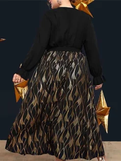 Women's Plus Size Curve Prom Dress Party Dress Wedding Guest Dress Long Dress Maxi Dress Black Long Sleeve Print Lace Up Fall Winter Autumn V Neck Fashion Evening Party Wedding Guest L XL -HANs Plus Size Style Shop uaambe1693205936094