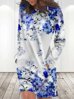 Women's Casual Dress Sweatshirt Dress Winter Dress Floral Pocket Print Crew Neck Mini Dress Fashion Streetwear Outdoor Daily Long Sleeve Loose Fit Red Royal Blue Blue Fall Winter S M L XL XXL -HANs Plus Size Style Shop uaebwc1694504343462