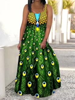 Women's Plus Size Curve Casual Dress Swing Dress Strap Dress Peacock Feather Maxi Long Dress Sleeveless Print Strap Romantic Daily Deep Purple Deep Green Summer Spring L XL XXL 3XL 4XL -HANs Plus Size Style Shop uafzmm1680773034181