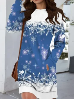 Women‘s Christmas Casual Dress Sweatshirt Dress Mini Dress Warm Fashion Outdoor Vacation Crew Neck Pocket Print Geometric Snowman Loose Fit Wine Navy Blue Royal Blue S M L XL XXL -HANs Plus Size Style Shop uawyjp1695027782543