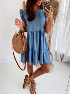 Women's Denim Dress Swing Dress Mini Dress Denim Fashion Casual Outdoor Daily Crew Neck Ruched Smocked Short Sleeve Summer Spring Fall 2023 Loose Fit Blue Plain S M L XL