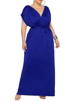 Women's Plus Size Curve Party Dress Sheath Dress Formal Dress Maxi Dress White Wine Royal Blue Short Sleeve Pure Color Lace Up Spring Fall Autumn V Neck Fashion Birthday Wedding Guest Vacation -HANs Plus Size Style Shop uchvwy1692178812470