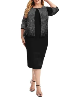 Women's Plus Size Curve Party Dress Cocktail Dress Sheath Dress Solid Color Midi Dress 3/4 Length Sleeve Patchwork Fake Two Piece Crew Neck Fashion Party Black Wine Fall Winter XL XXL 3XL 4XL 5XL -HANs Plus Size Style Shop uciwqr1695362725457