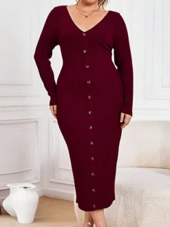 Women's Plus Size Curve Party Dress Sweater Dress Bodycon Plain Midi Dress Long Sleeve Button V Neck Fashion Party Wine Fall Winter XL XXL 3XL