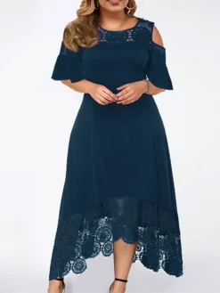 Women‘s Plus Size Curve Casual Dress A Line Dress Gradient Long Dress Maxi Dress Short Sleeve Patchwork Hollow Out Crew Neck Fashion Outdoor Black Light Green Summer Spring XL XXL 3XL 4XL 5XL -HANs Plus Size Style Shop ucxlba1678346851504