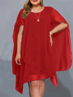 Women‘s Plus Size Curve Work Dress Chiffon Dress Solid Color Midi Dress Short Sleeve Asymmetric Crew Neck Elegant Office Black Red Summer Spring L XL XXL 3XL 4XL -HANs Plus Size Style Shop udbwiy1681789460394