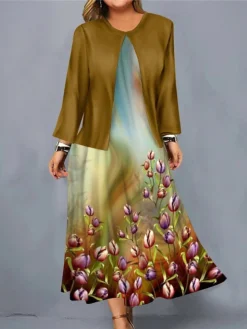 Women's Christmas Plus Size Curve Casual Dress Dress Set Two Piece Dress Floral Midi Dress Long Sleeve Print Crew Neck Fashion Outdoor Wine Blue Fall Winter L XL XXL 3XL 4XL -HANs Plus Size Style Shop udfqkl1697170160272