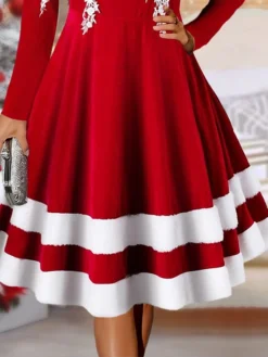 Women's Christmas Dress Winter Dress Casual Dress Midi Dress Lace Patchwork Christmas Daily Date Fashion Streetwear Off Shoulder 3/4 Length Sleeve 2023 Regular Fit Burgundy Color S M L XL XXL Size -HANs Plus Size Style Shop udsmsd1697190956647