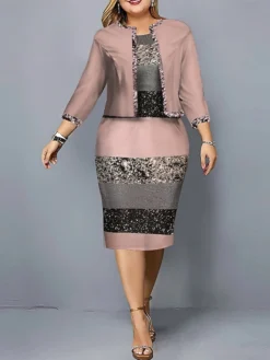 Women's Plus Size Curve Casual Dress Dress Set Two Piece Dress Gradient Stripe Midi Dress Long Sleeve Print Crew Neck Fashion Outdoor Pink Blue Fall Winter L XL XXL 3XL 4XL -HANs Plus Size Style Shop udxarm1695362841462